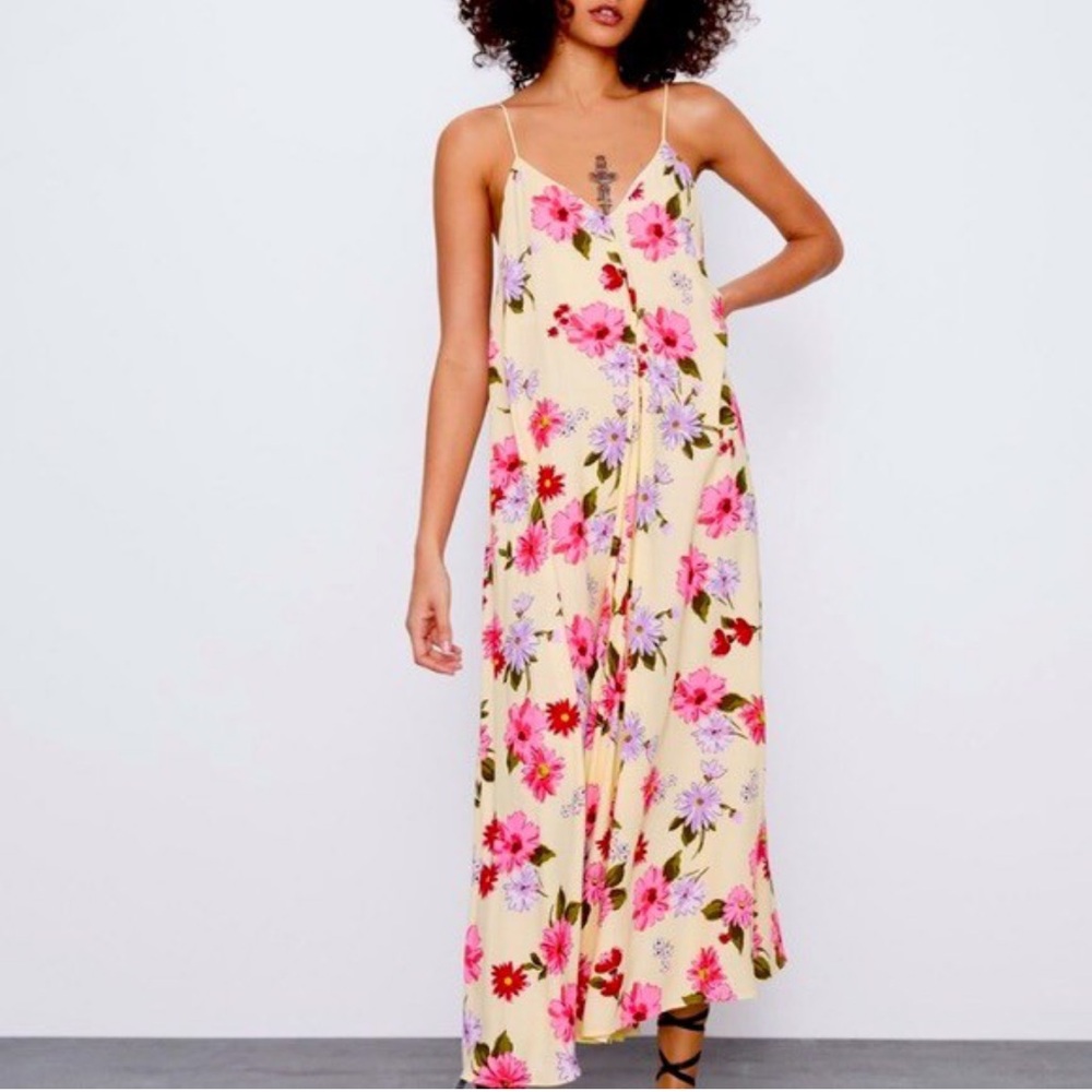 Zara Yellow Floral Summer Maxi Sundress Dress Small